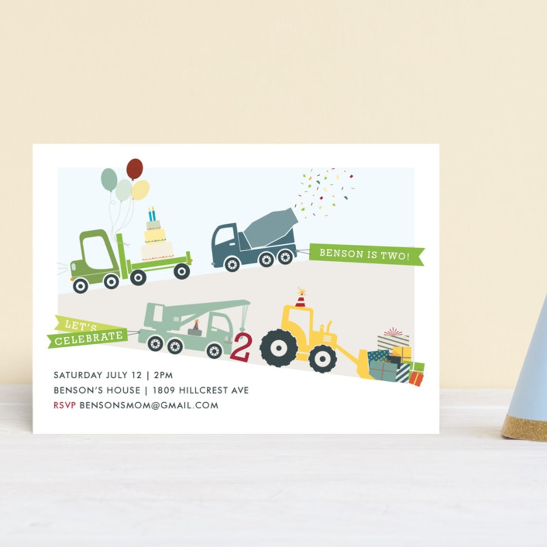 "Trucks on Parade" - Children's Birthday Party Invitations in Grass by Rebecca Bowen - Front