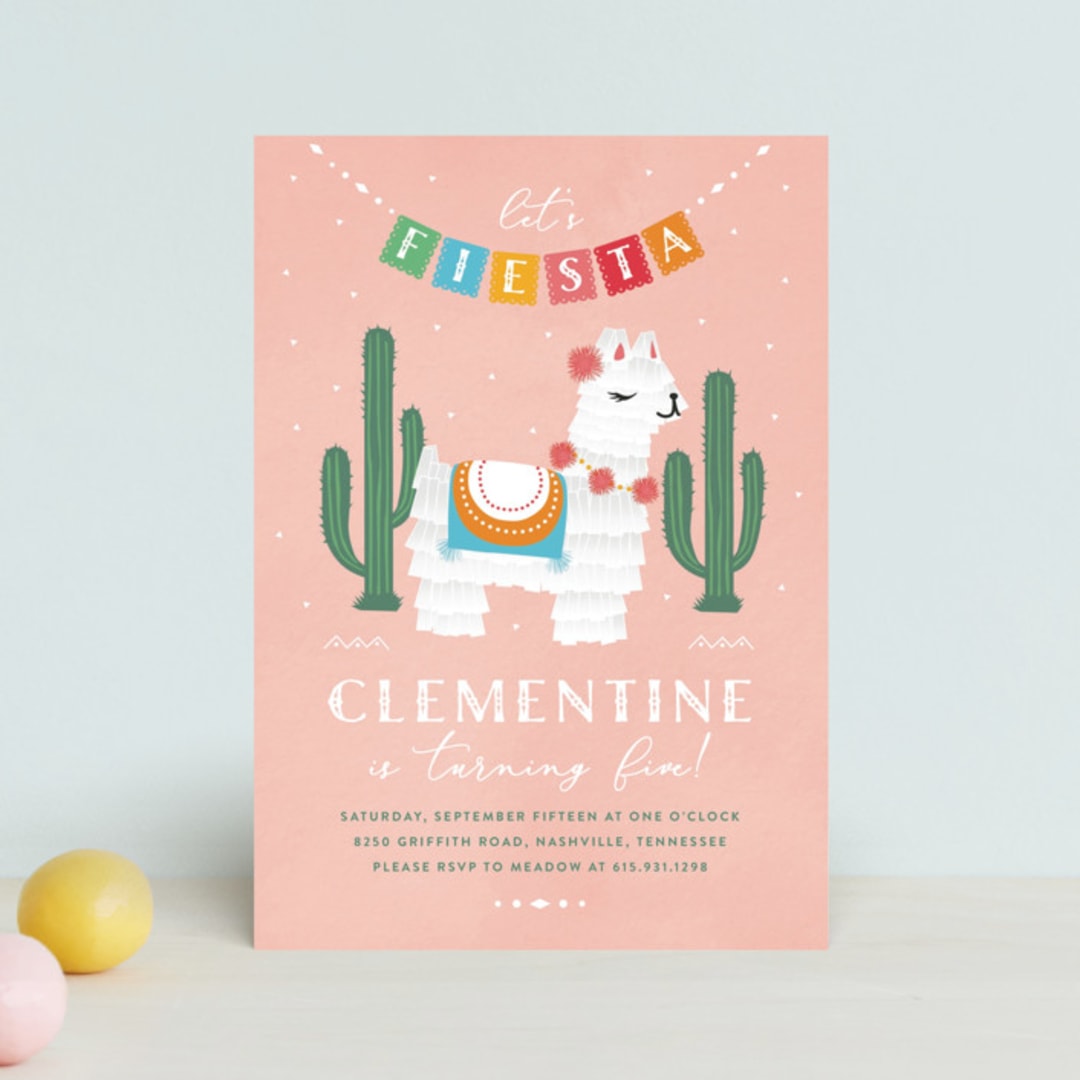 "Llama Piñata" - Children's Birthday Party Invitations in Strawberry by Jennifer Lew - Front