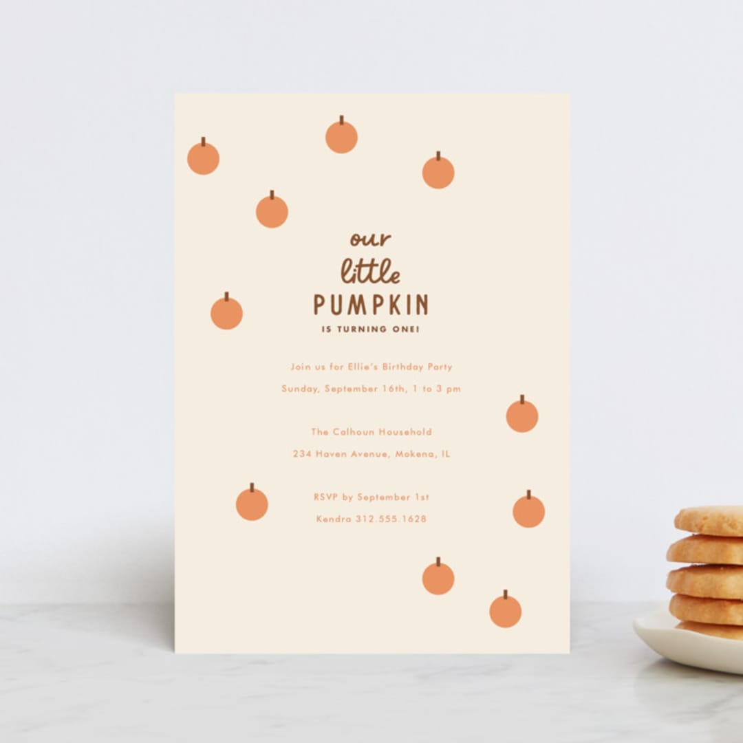 "A Little Pumpkin" - Children's Birthday Party Invitations in Pumpkin by Baumbirdy - Front