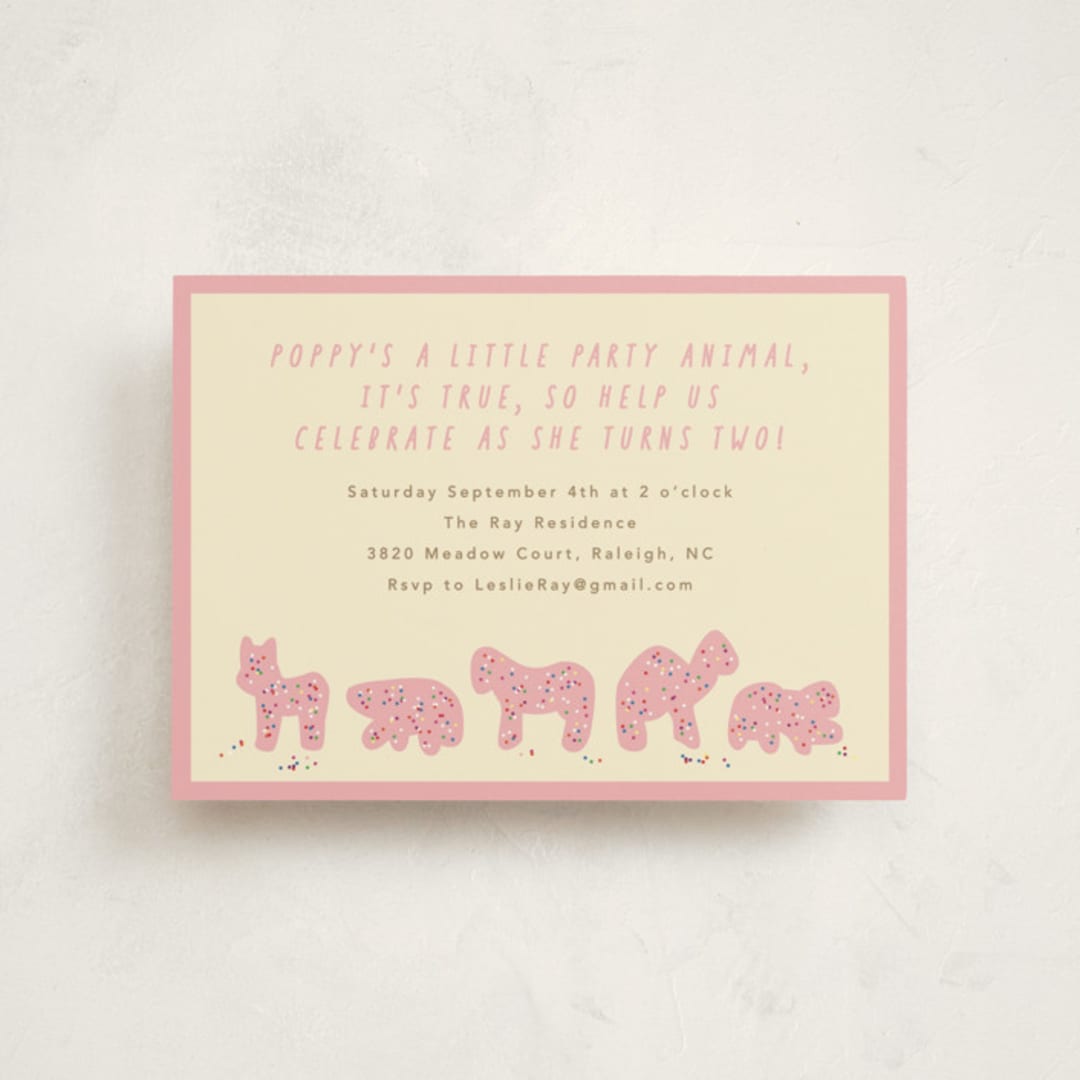 "Animal Cracker Parade" - Children's Birthday Party Invitations in Pink Sugar by Jennifer Postorino - Front