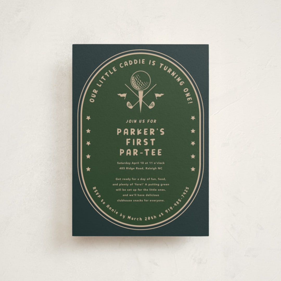 "Par-Tee" - Children's Birthday Party Invitations in Evergreen by Susan Zinader - Front