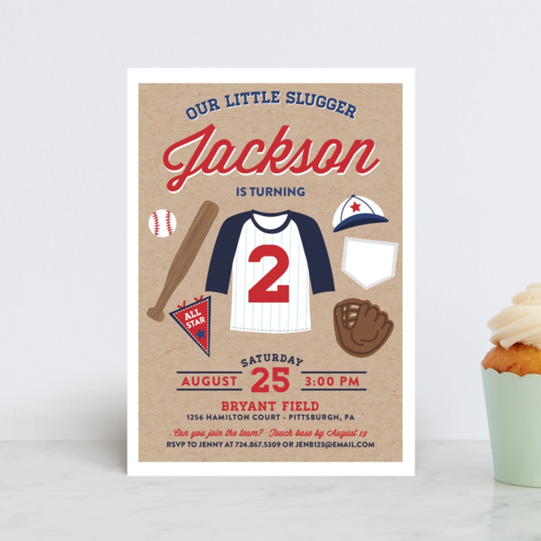 "Little Slugger" - Children's Birthday Party Invitations in Patriotic by One Swell Studio - Front