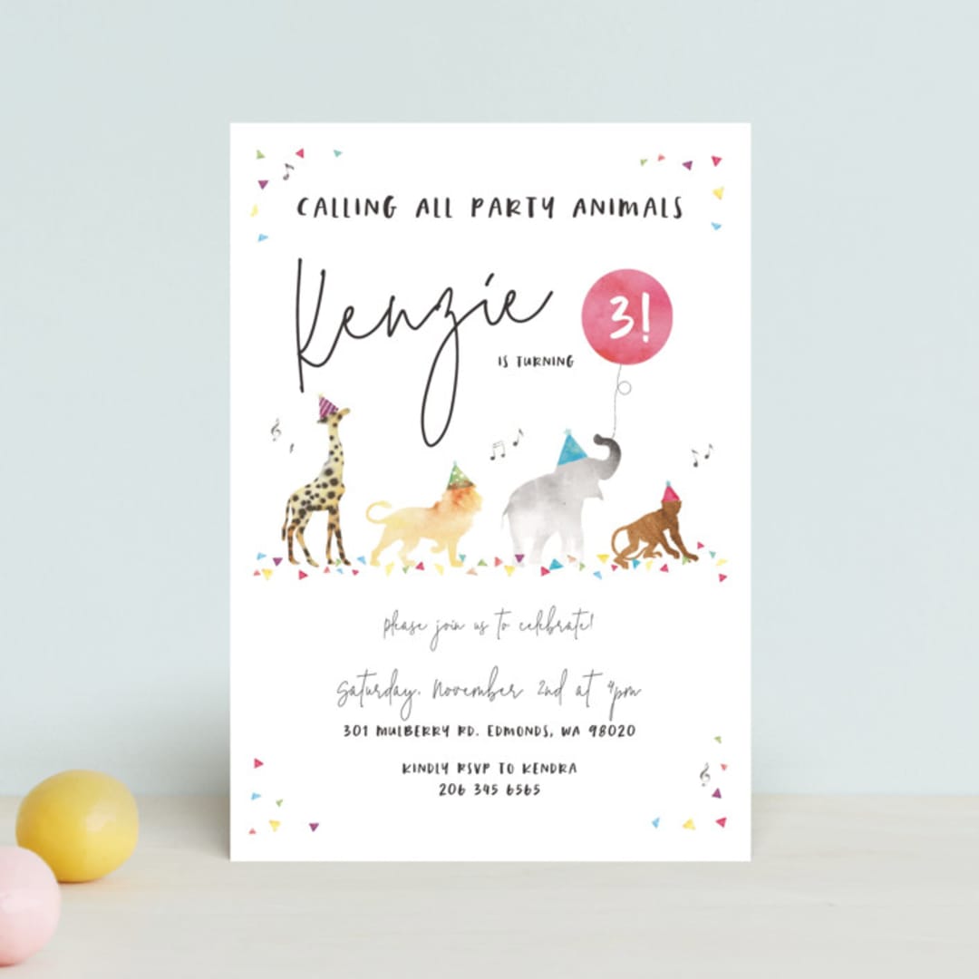 "Party Animals Marching to the Music" - Children's Birthday Party Invitations in Gumdrops by Maggie Maeve - Front