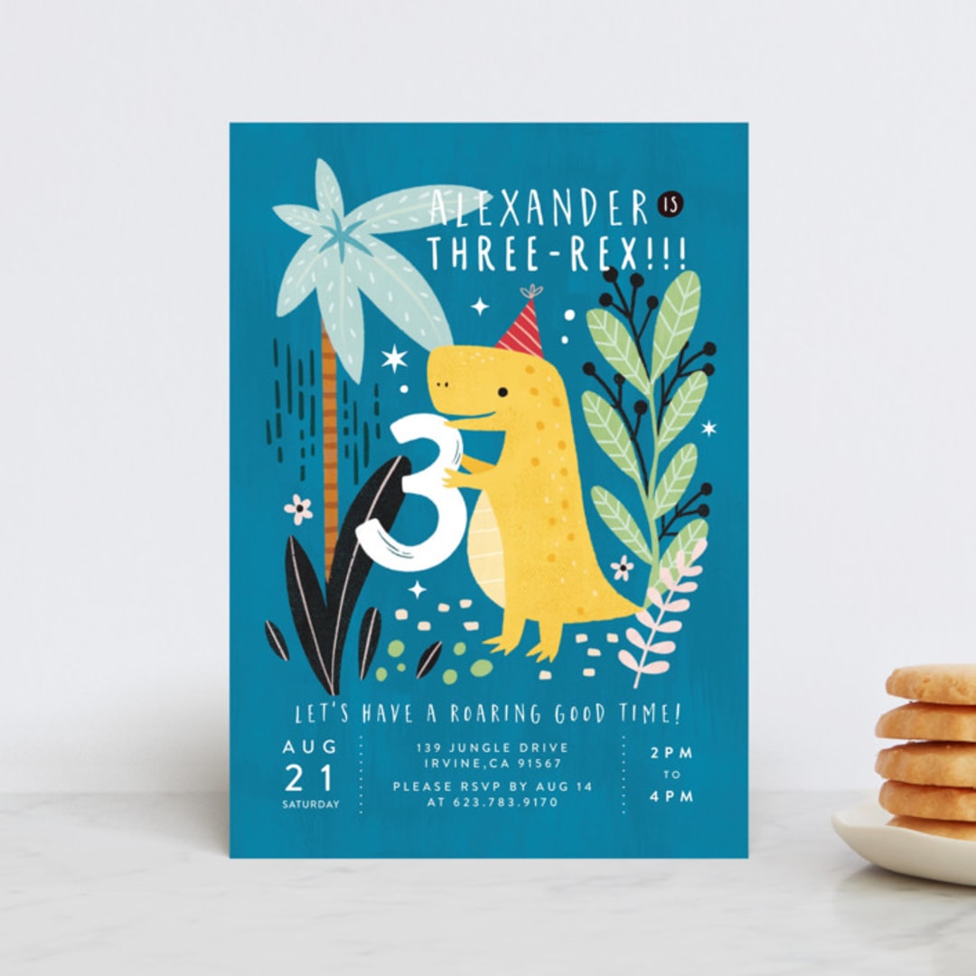 "Three-Rex" - Children's Birthday Party Invitations in Jungle by Cindy Chu - Front