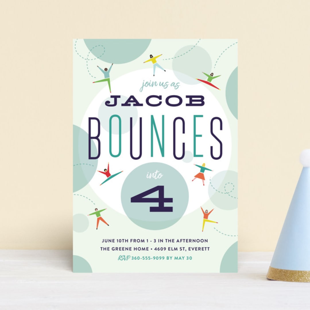 "Bounce into a birthday" - Children's Birthday Party Invitations in Aquamarine by Heather Francisco - Front