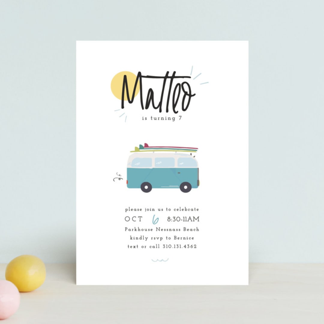 "Surfer's Dream Beach Bash" - Children's Birthday Party Invitations in Blue Skies by Maggie Maeve - Front