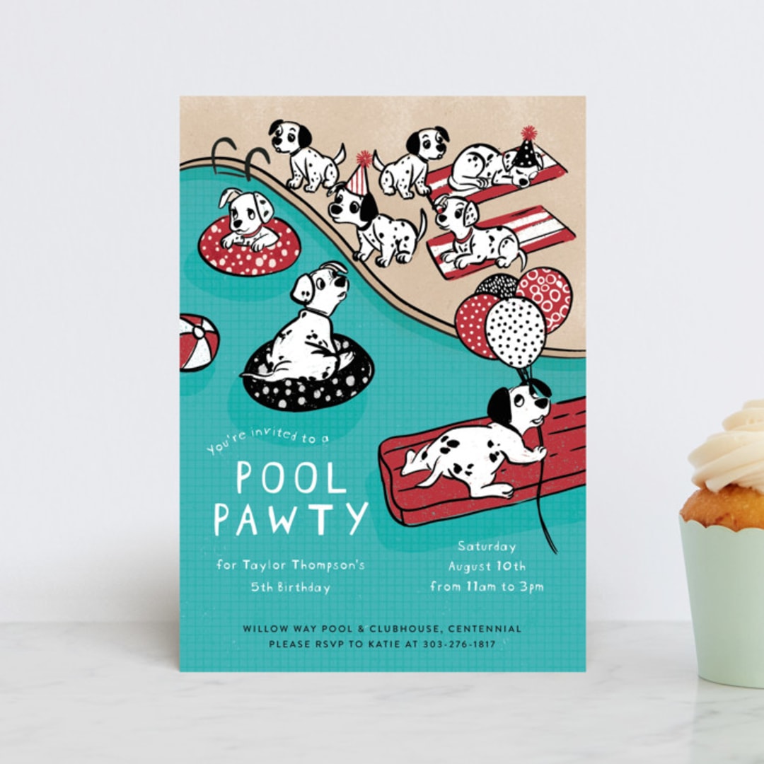 "Disney's 101 Dalmatians Pool Pawty" - Children's Birthday Party Invitations in Firetruck by Jenna Holcomb - Front