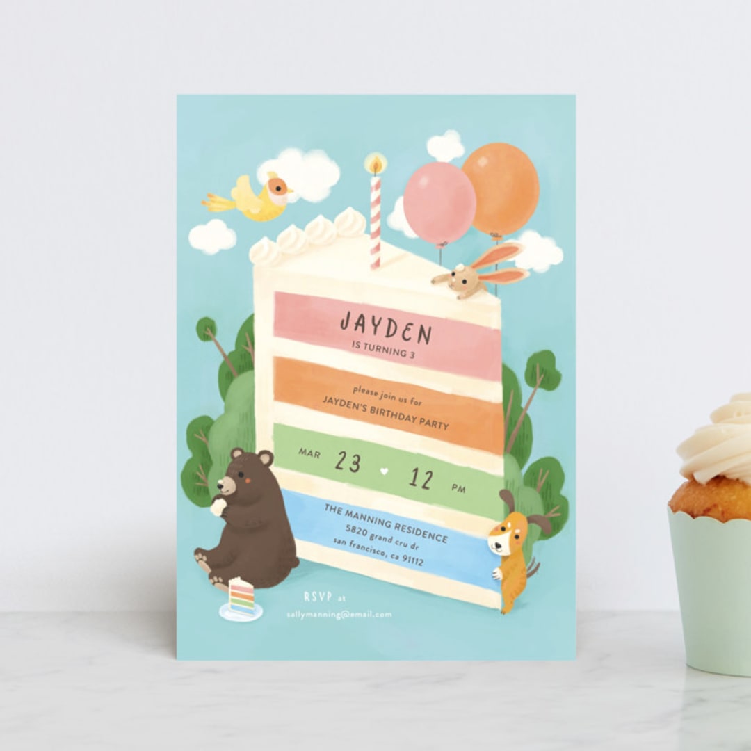 "Cake Party" - Children's Birthday Party Invitations in Sky by Shannon Chen of Four Wet Feet Studio - Front