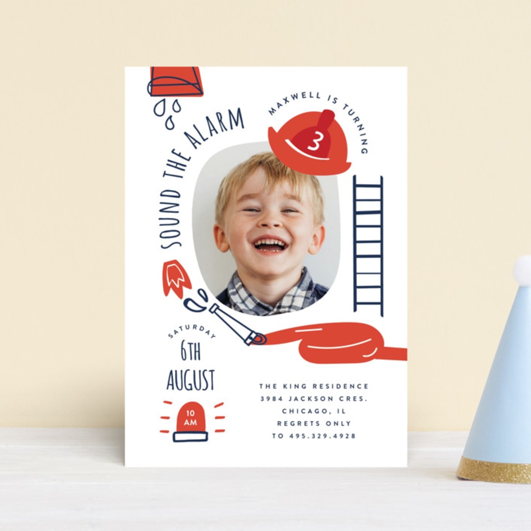 "Little Fire Fighter" - Children's Birthday Party Invitations in Firetruck by Corinne Malesic - Front