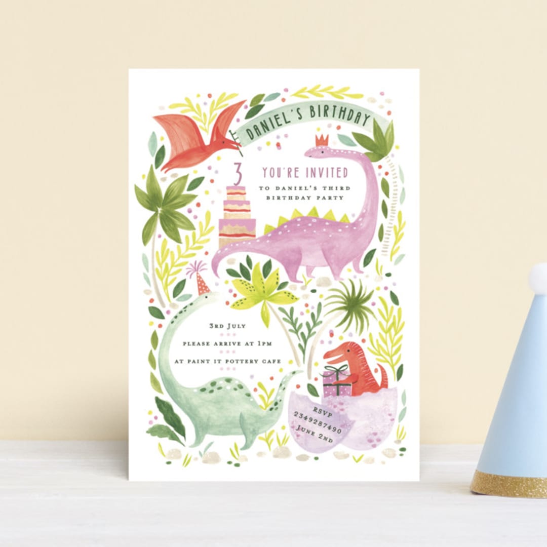 "Party Dinos" - Children's Birthday Party Invitations in Forest by Sarah Knight - Front