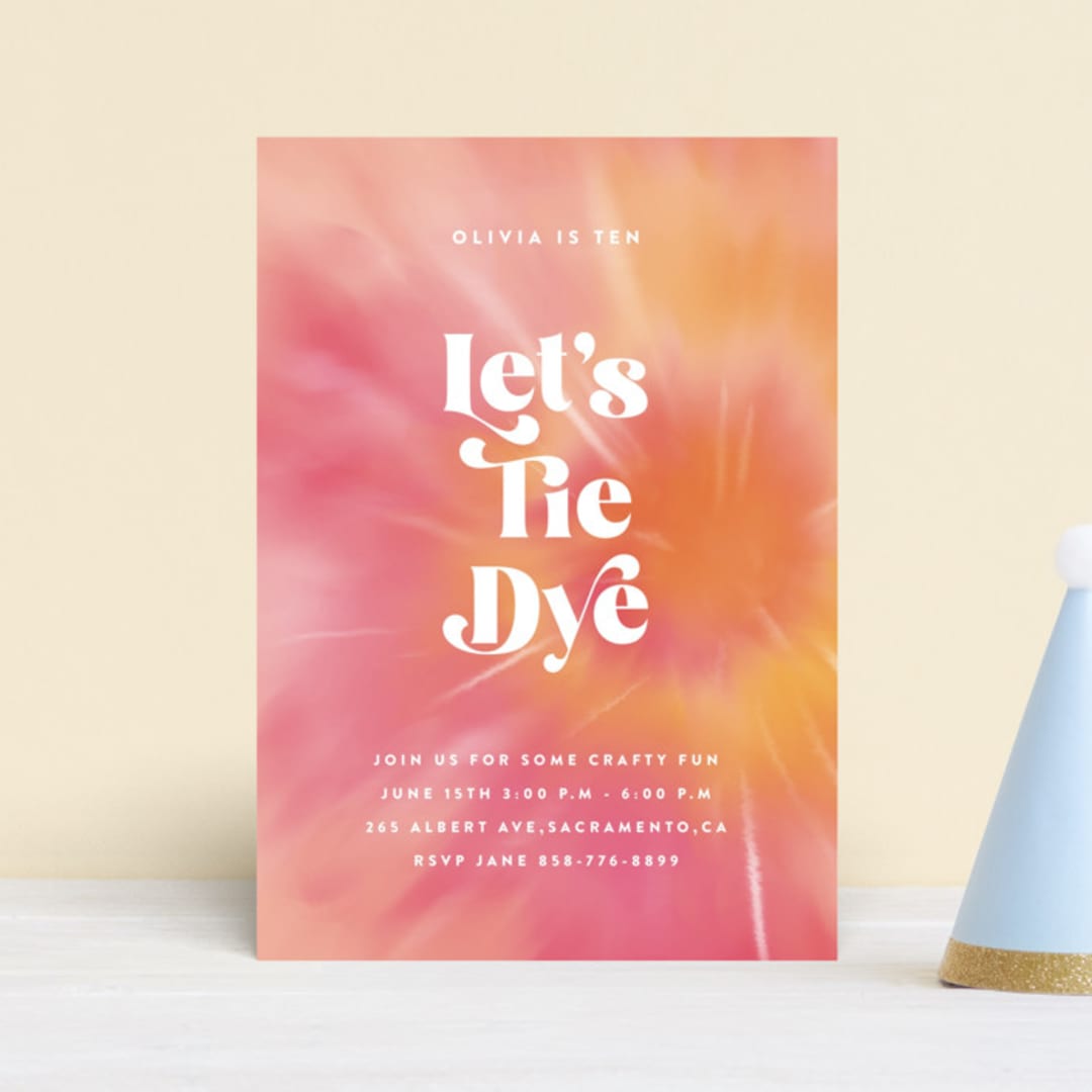 "Tie Dye Party" - Children's Birthday Party Invitations in Coral by Nazia Hyder - Front