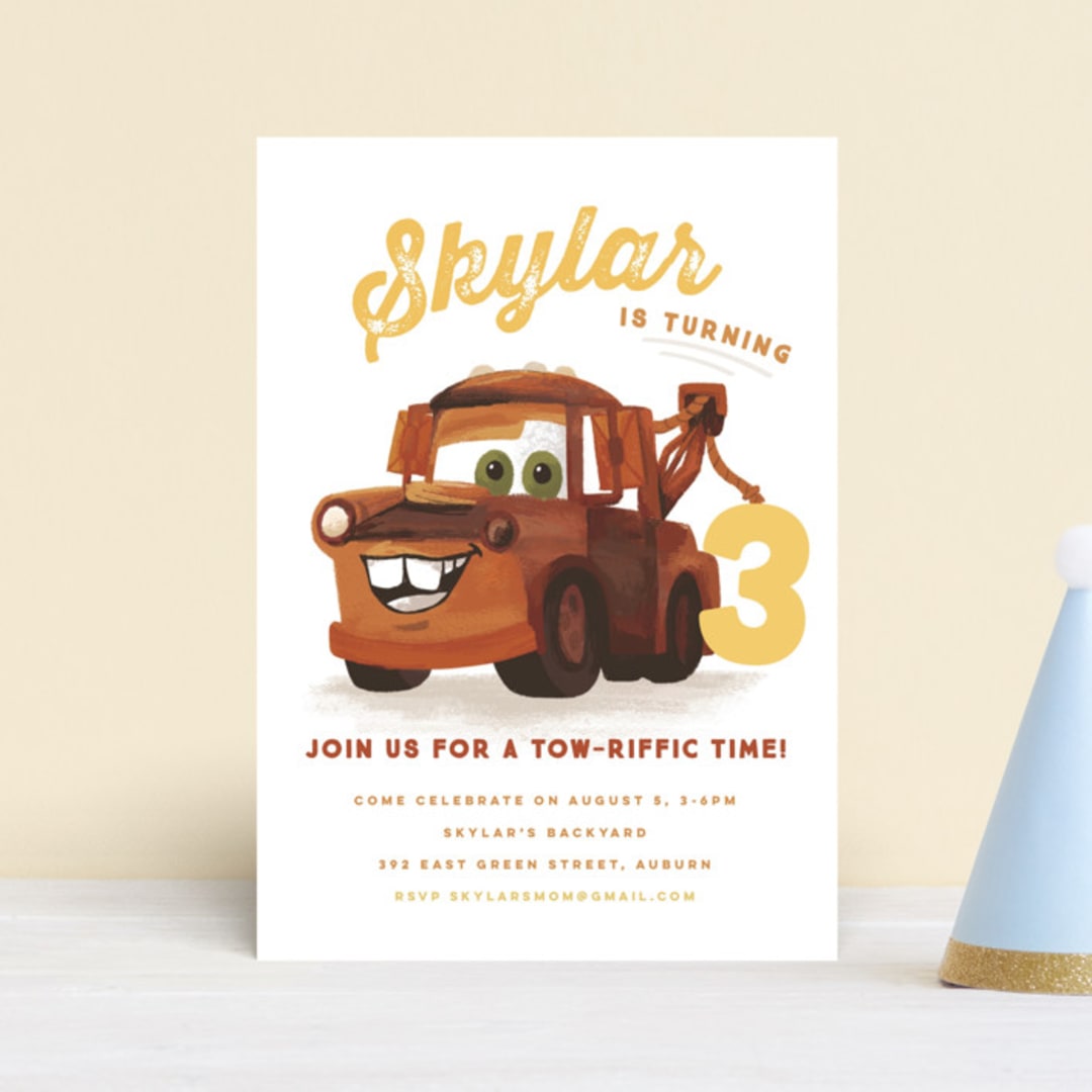 "Disney and Pixar's Tow-riffic Mater" - Children's Birthday Party Invitations in Pearl by Jessie Steury - Front