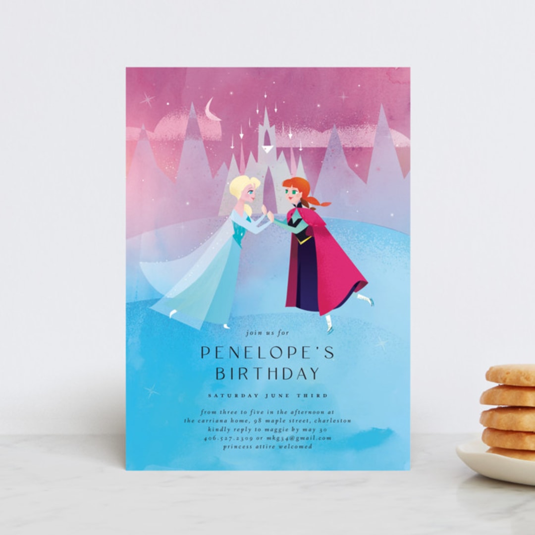 "Elsa and Anna from Disney's Frozen" - Children's Birthday Party Invitations in Twilight by Lori Wemple - Front