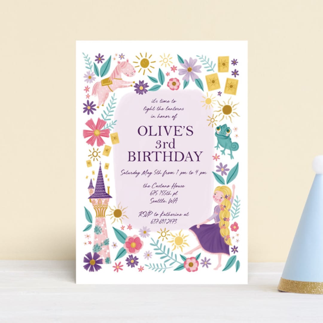 "Disney's Tangled Floral Birthday Invite" - Children's Birthday Party Invitations in Lilac by Katherine Dietz - Front