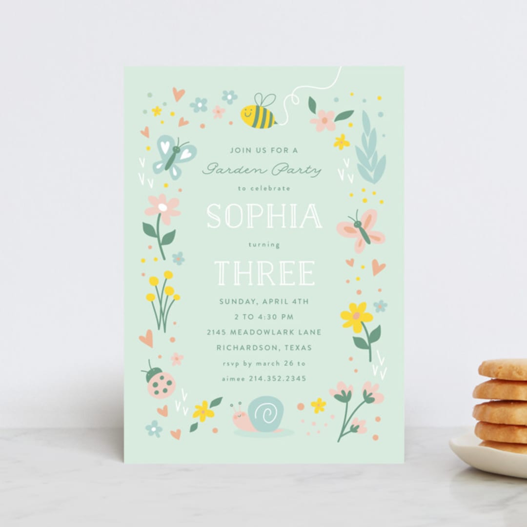 "In The Garden" - Children's Birthday Party Invitations in Sky by Susan Asbill - Front