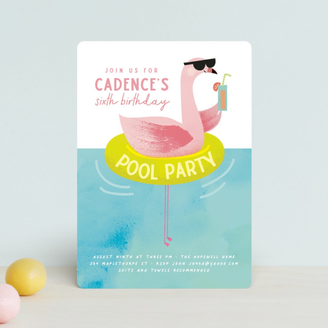 "Flamingo" - Children's Birthday Party Invitations in Lime by Lori Wemple - Front
