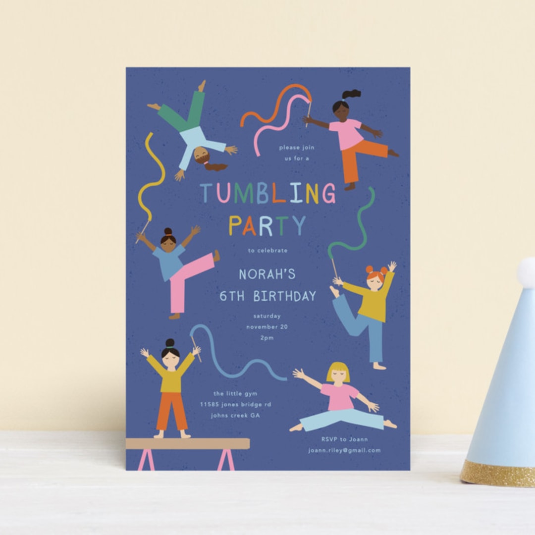 "Tumbling Party" - Children's Birthday Party Invitations in Blueberry by Kelly Watkins - Front