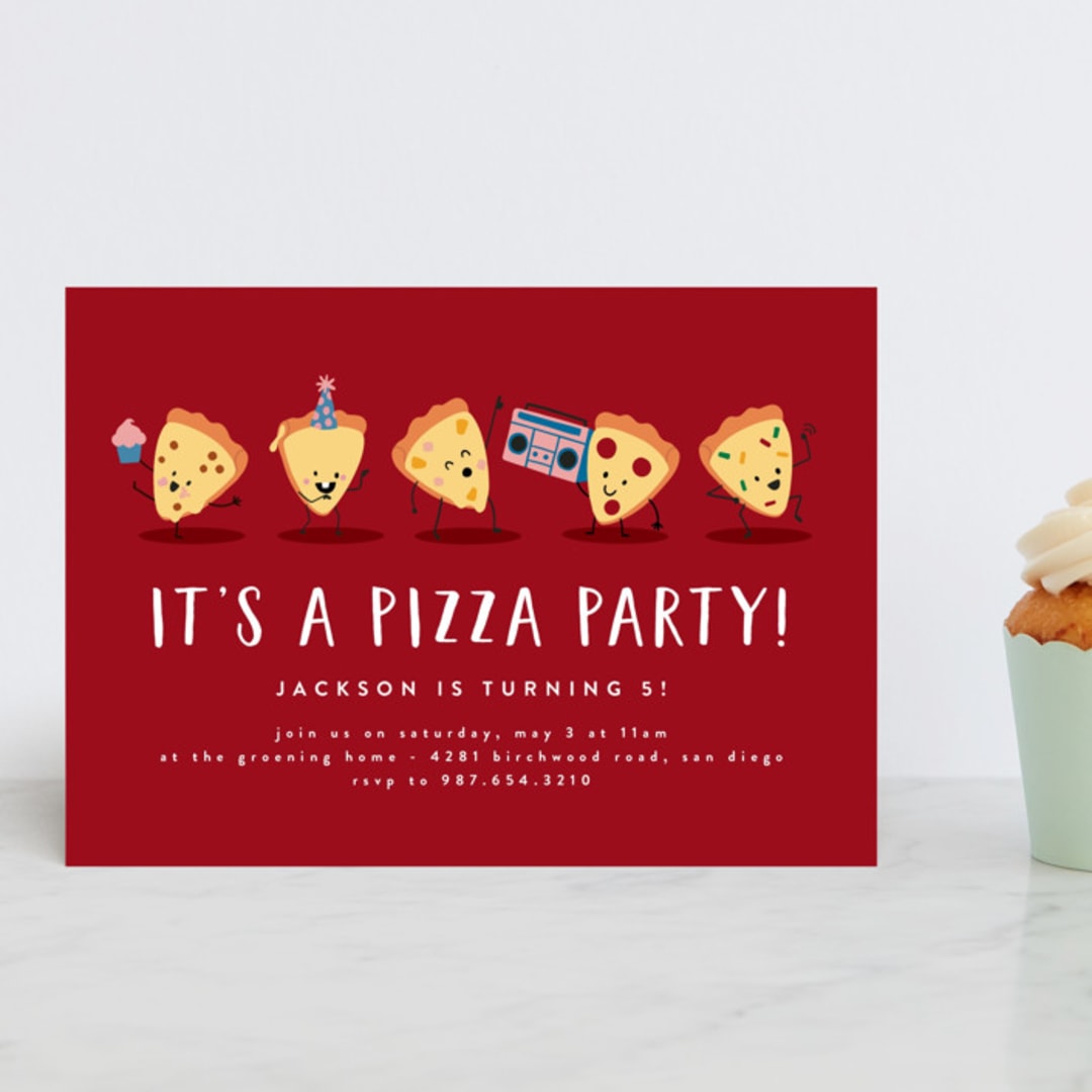 "It's A Pizza Party" - Children's Birthday Party Invitations in Tomato by Katie Zimpel - Front