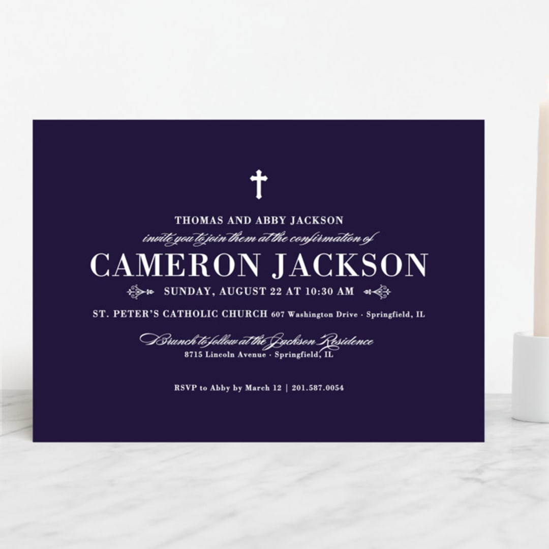 "Veracious" - Confirmation Invitations in Marine by Sarah Brown - Front