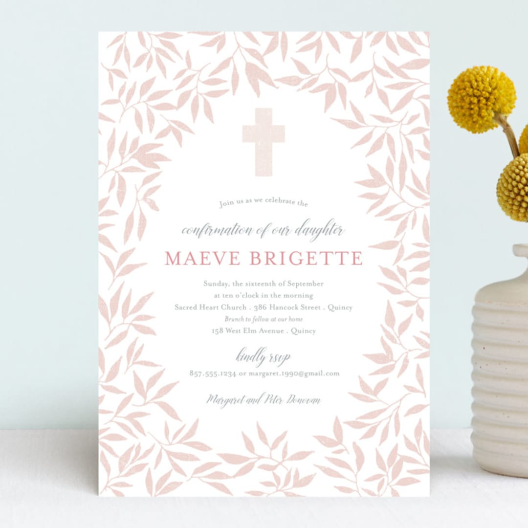 "Blessed Laurels" - Confirmation Invitations in Blush by Paula Pecevich - Front