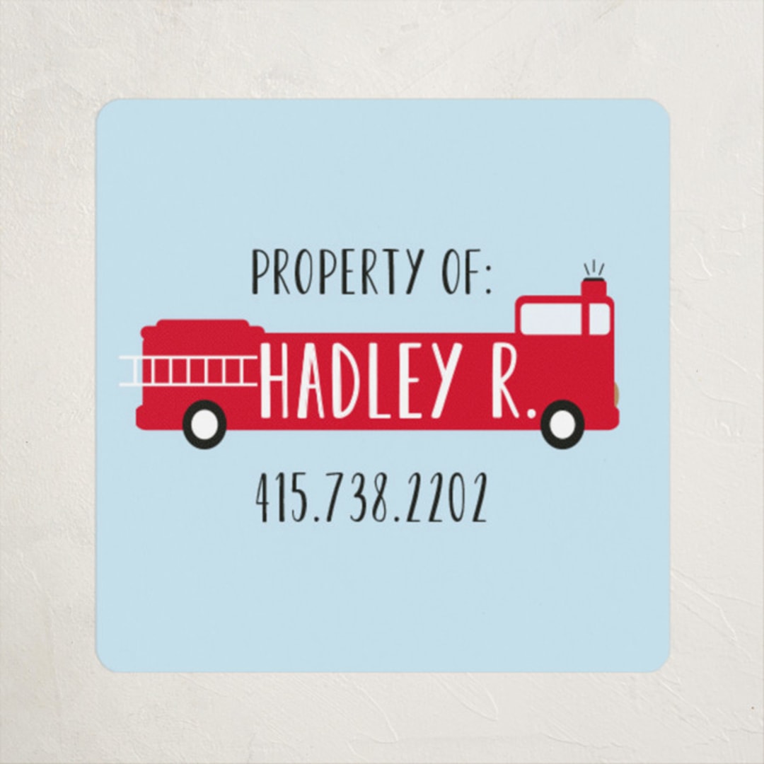"Fire Engine Name" - Custom Name Labels in Clear Sky by Dea and Bean - Front