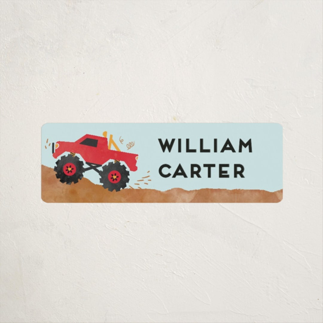 "wheelie truck" - Custom Name Labels in Berry by Kanika Mathur - Front