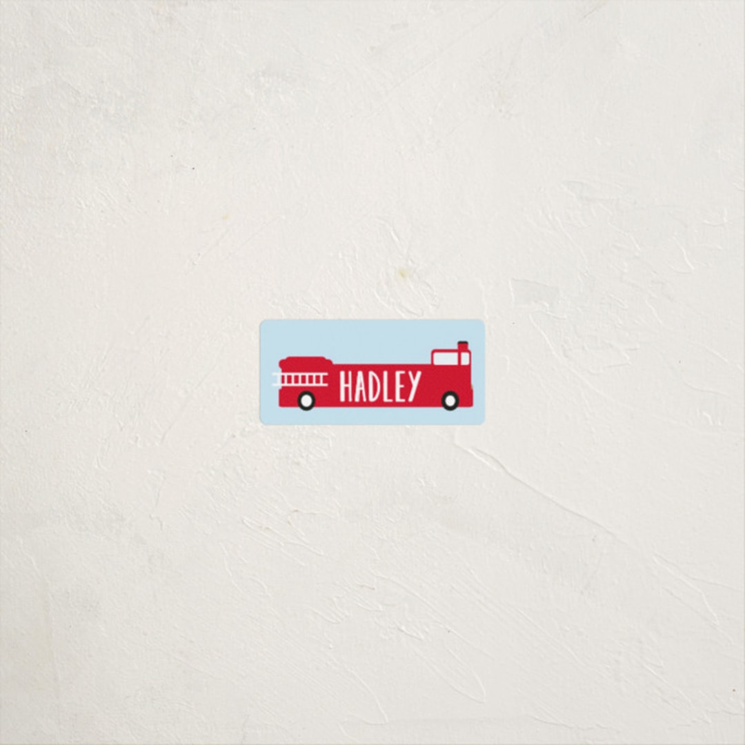 "Fire Engine Name" - Custom Name Labels in Clear Sky by Dea and Bean - Front