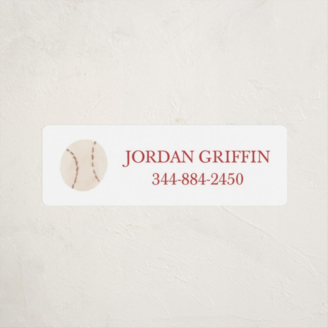 "Sportsy Baseball" - Custom Name Labels in Cardinal by Teju Reval - Front
