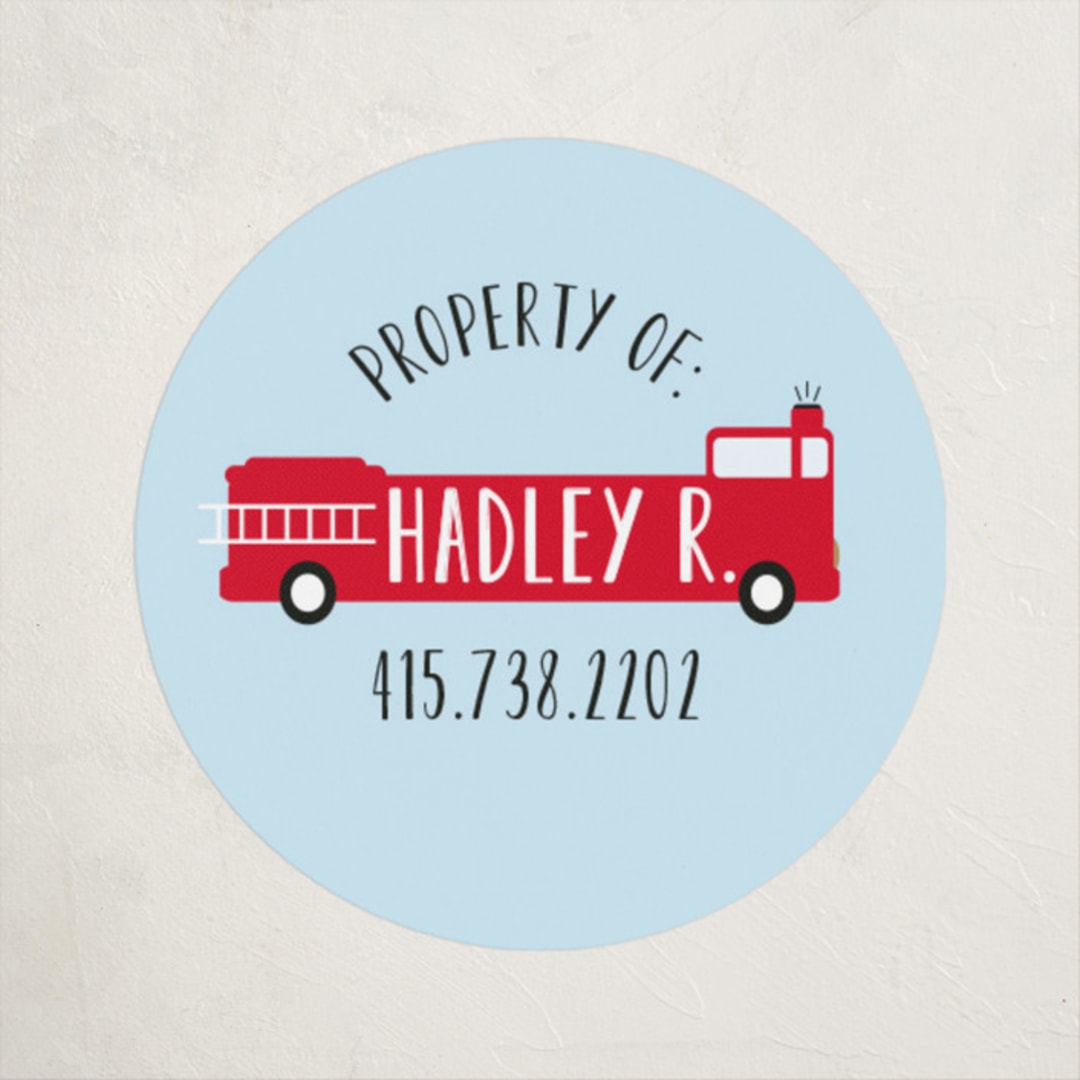 "Fire Engine Name" - Custom Name Labels in Clear Sky by Dea and Bean - Front