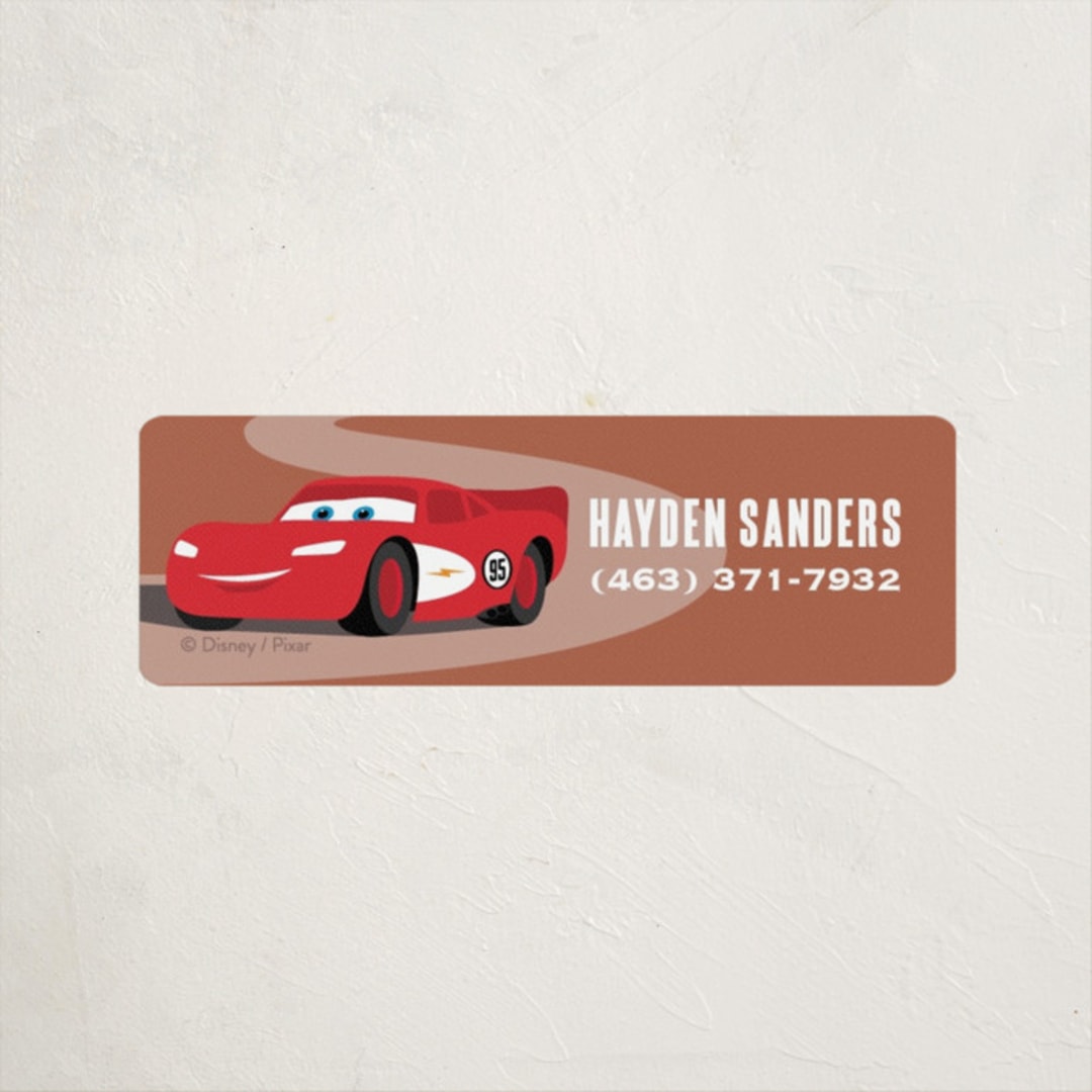 "Lightning McQueen Route 66 from Disney and Pixar's Cars" - Custom Name Labels in Red Rock by Jill Means - Front