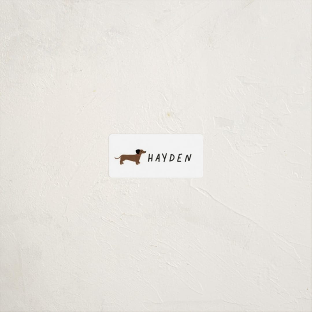 "Dachshund Pup" - Custom Name Labels in Tire by Laura Bercovich - Front