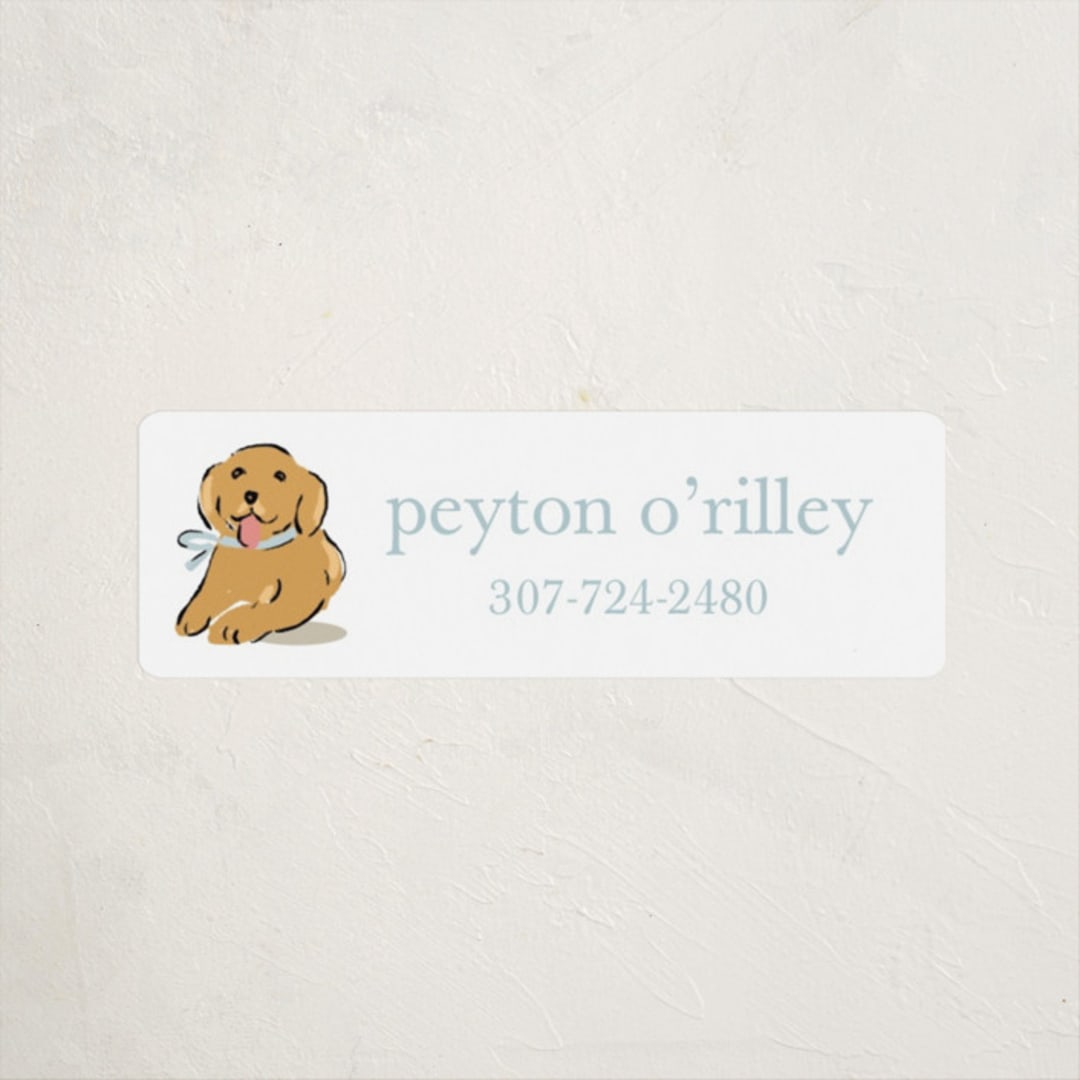 "Golden Pup" - Custom Name Labels in Bluebird by Susan Zinader - Front