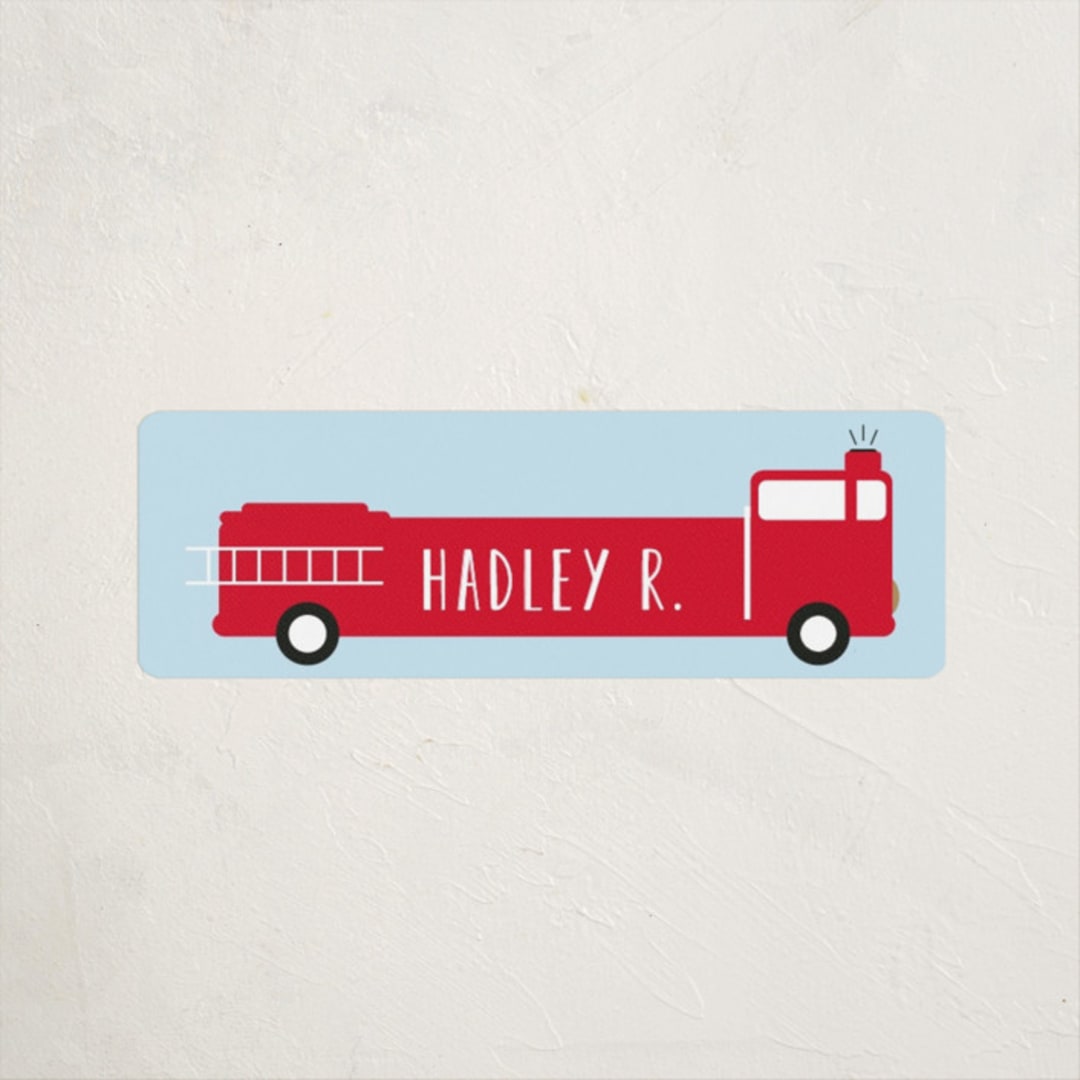 "Fire Engine Name" - Custom Name Labels in Clear Sky by Dea and Bean - Front