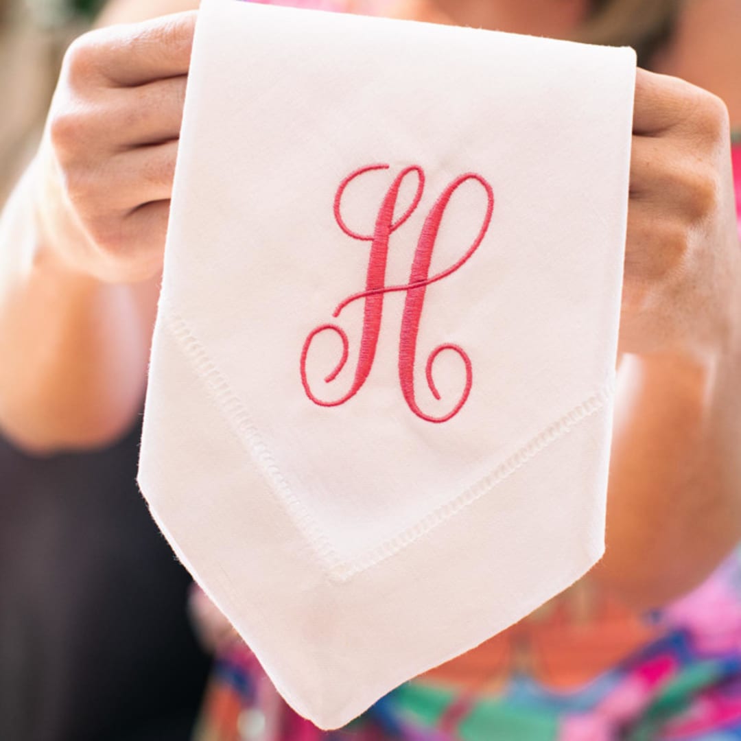 Set of 6 Embroidered Dinner Napkins with Single Initial Calligraphy Monogram