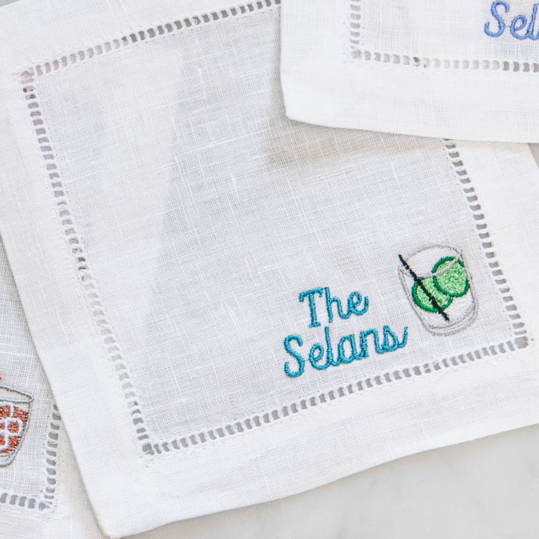 Set of 6 Embroidered Cocktail Napkins with Gin & Tonic with Minimalist Script Name