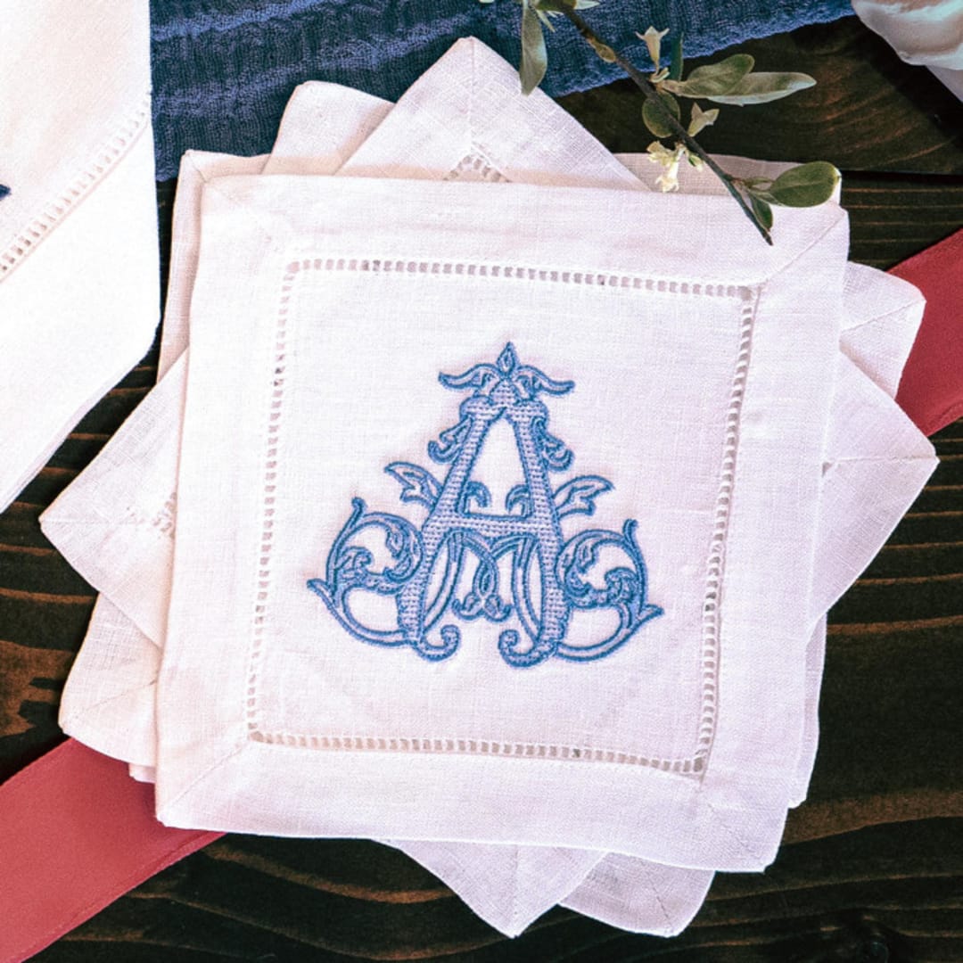 Set of 6 Embroidered Cocktail Napkins with Single Initial Vine Monogram