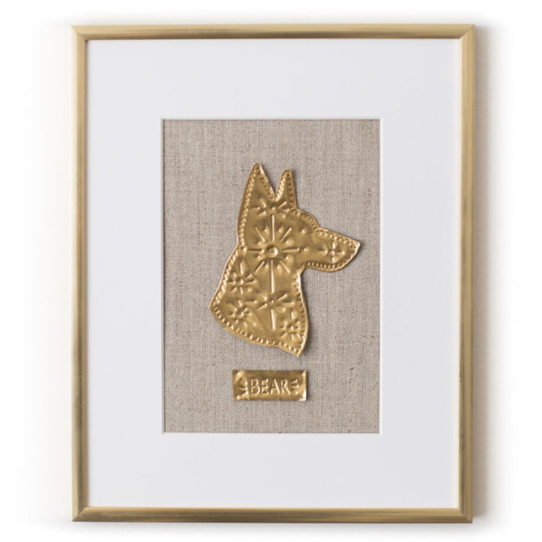 "Custom Pet Silhouette Art, 5x7in., Embossed Metal Commission" - Commissioned Original Mixed Media in gold by The Pink Parakeet
