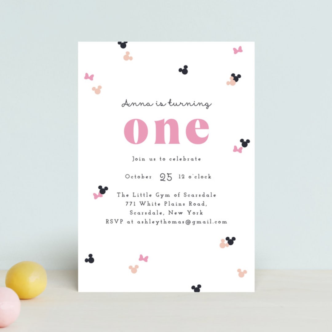 "Disney's Minnie Mouse Confetti" - Children's Birthday Party Invitations in Peony by Annie Holmquist - Front
