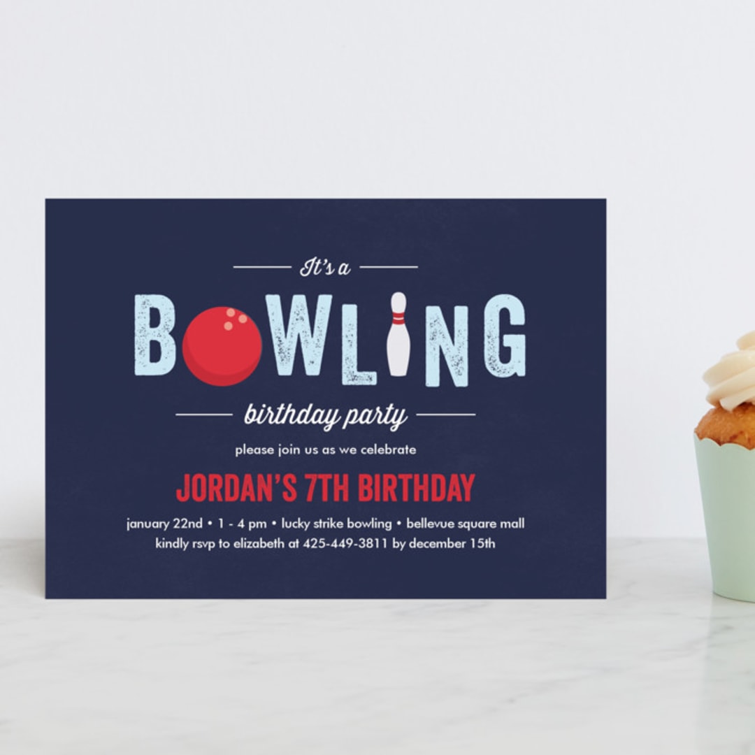 "Bowling birthday party" - Children's Birthday Party Invitations in Blue Slate by Anupama - Front