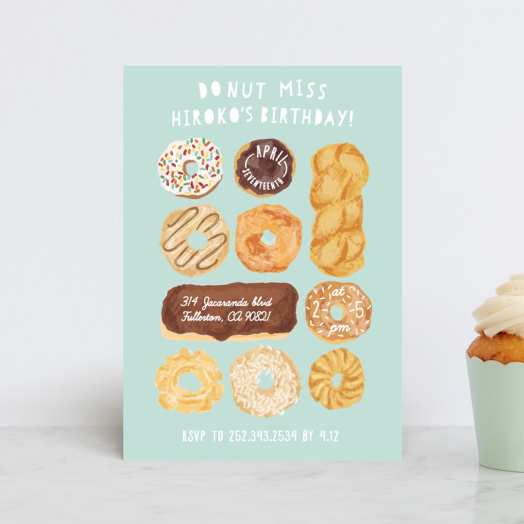"Donut Miss The Party" - Children's Birthday Party Invitations in Blue Sky by Shiny Penny Studio - Front