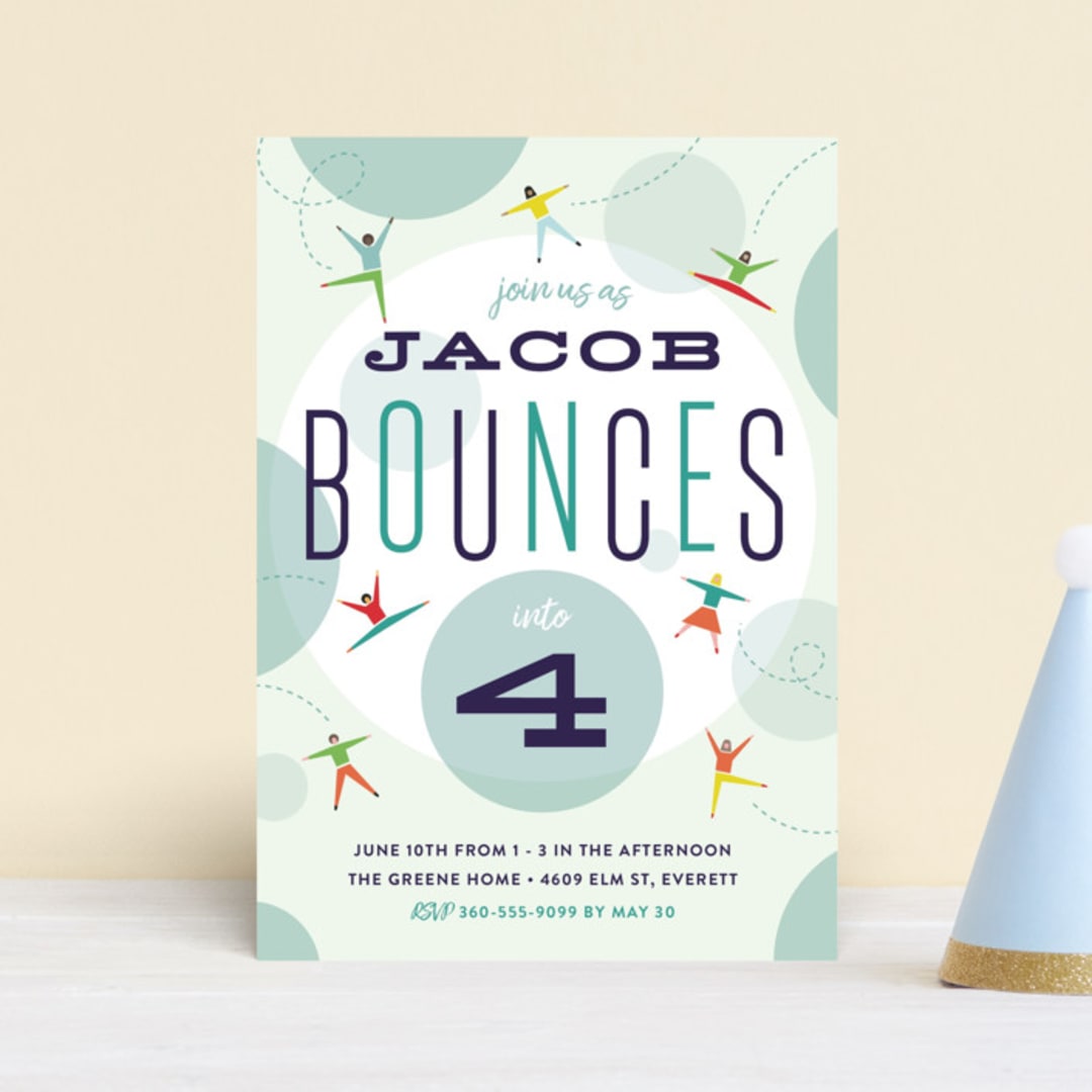 "Bounce into a birthday" - Children's Birthday Party Invitations in Aquamarine by Heather Francisco - Front