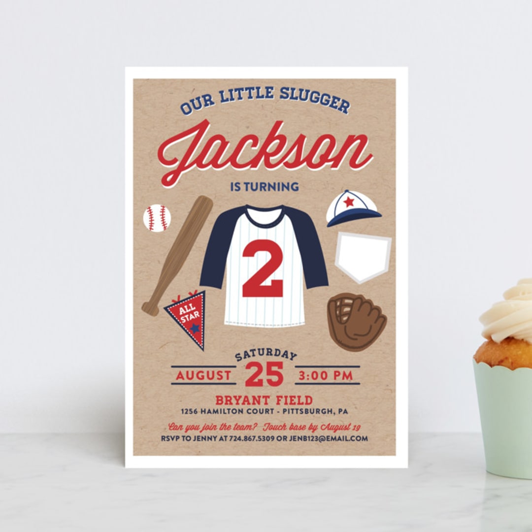 "Little Slugger" - Children's Birthday Party Invitations in Patriotic by One Swell Studio - Front