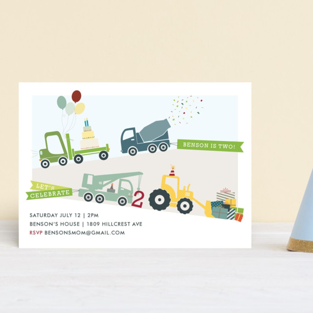 "Trucks on Parade" - Children's Birthday Party Invitations in Grass by Rebecca Bowen - Front