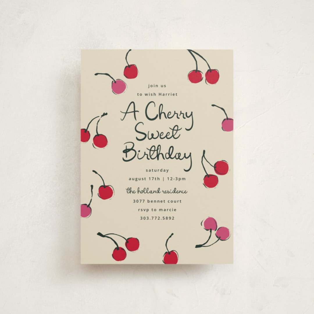 "Cherries" - Children's Birthday Party Invitations in Tomato by Kelly Watkins - Front