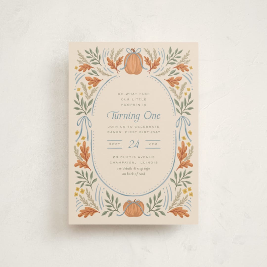 "Pumpkins + Bows" - Children's Birthday Party Invitations in Cornflower by Laura Hankins - Front