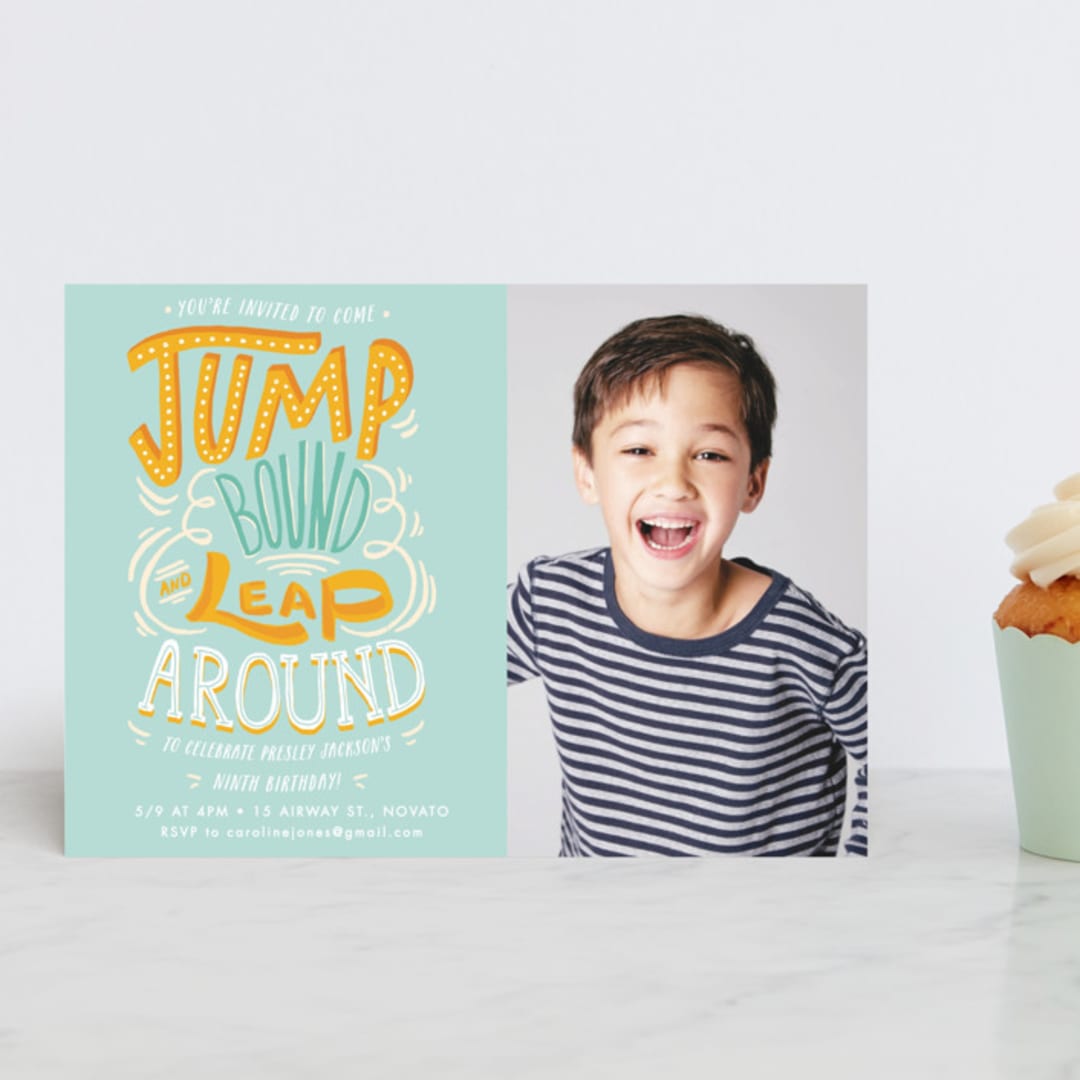 "Jump Bound & Leap" - Children's Birthday Party Invitations in Sky by Shiny Penny Studio - Front