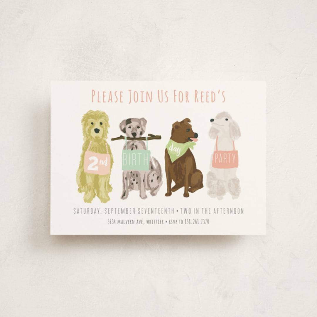 "Puppy Line-Up" - Children's Birthday Party Invitations in Peony by Shiny Penny Studio - Front