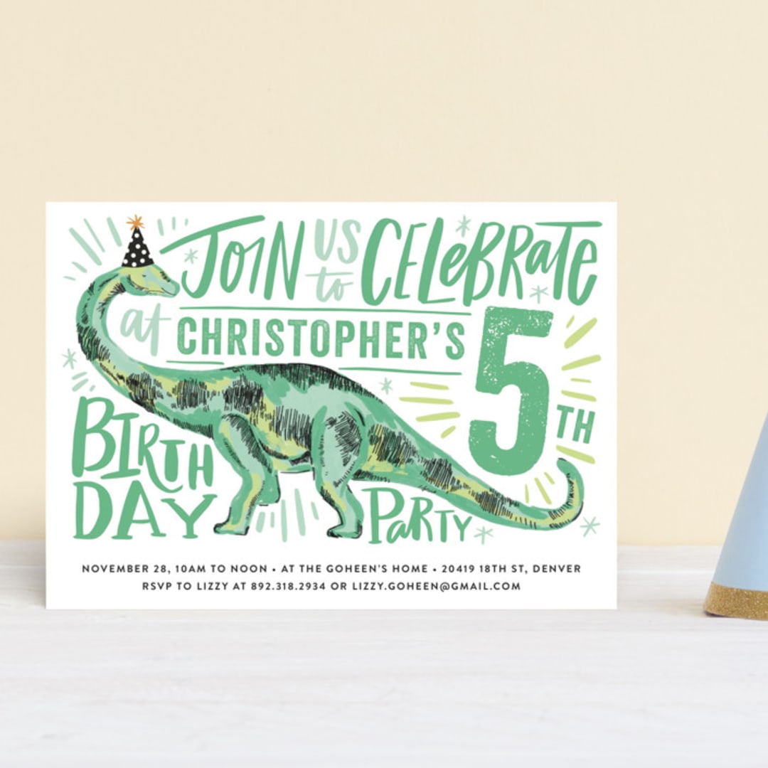 "Dino Party Hat" - Children's Birthday Party Invitations in Fern by Alethea and Ruth - Front