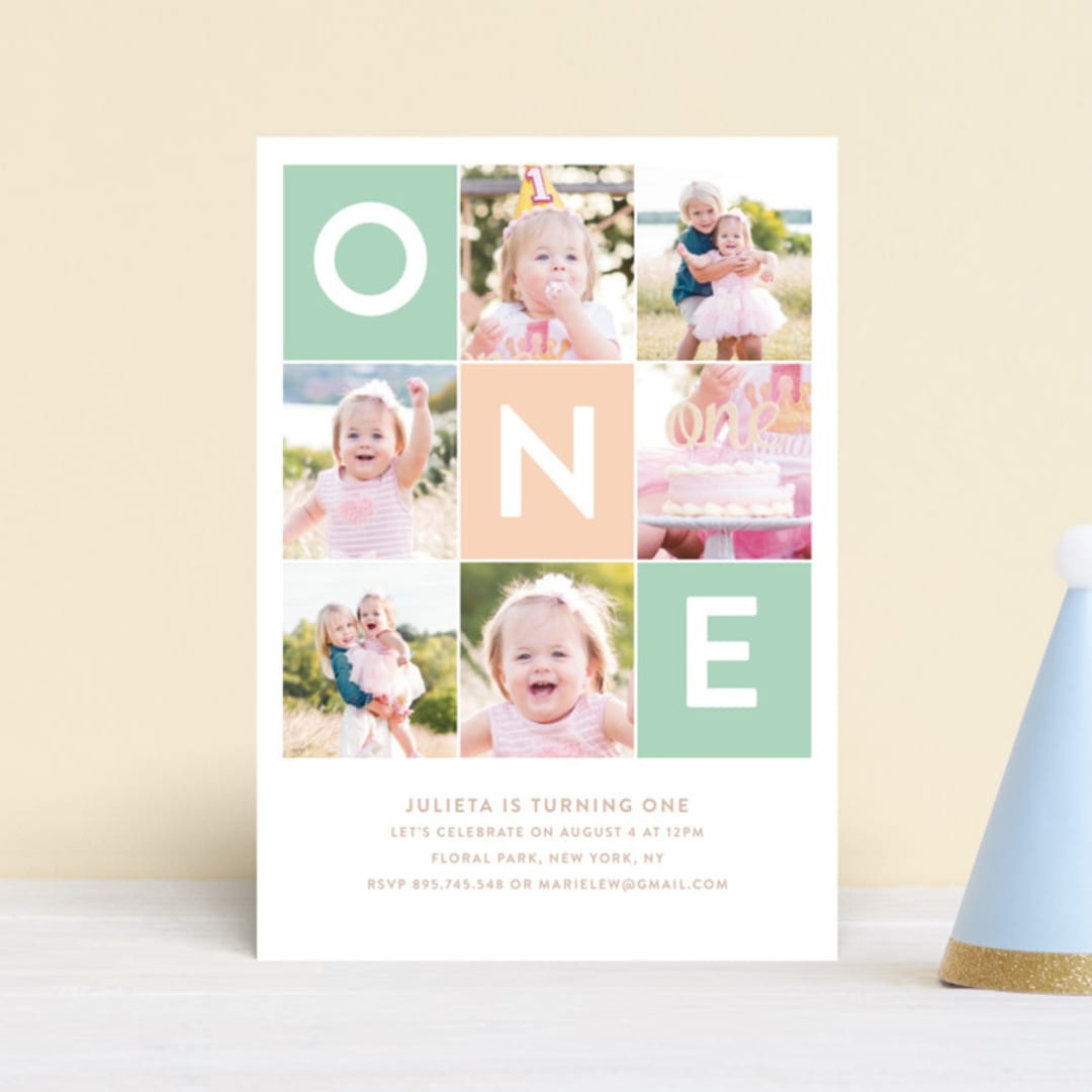 "Simply One" - Children's Birthday Party Invitations in Seafoam by Joanne James - Front