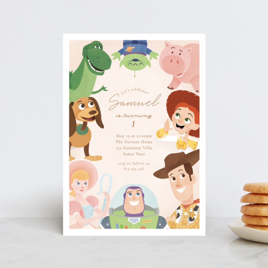 "Disney's and Pixar Toy Story Friends" - Children's Birthday Party Invitations in Taupe by Sabrin Deirani - Front